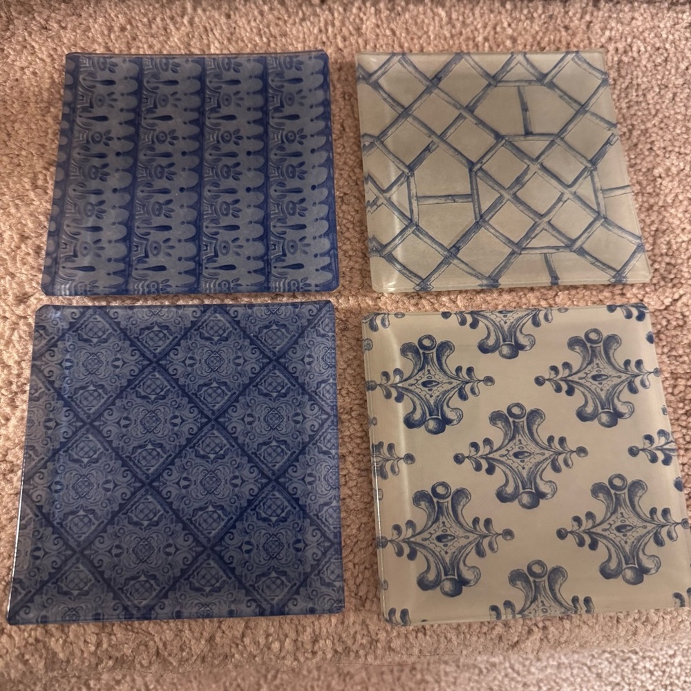 Blue and Cream Patterned Glass Coasters Set